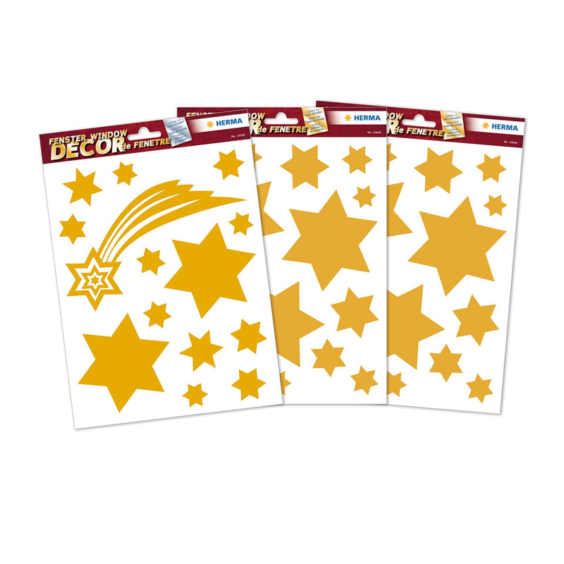 HERMA 44 Christmas Gold Star Stickers for Windows with Glitter Effect, Reusable Xmas Decorations, Large Wall Decals Window Clings for Kids and Children Gold Star Window Stickers Window Stickers