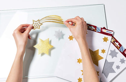 HERMA 44 Christmas Gold Star Stickers for Windows with Glitter Effect, Reusable Xmas Decorations, Large Wall Decals Window Clings for Kids and Children Gold Star Window Stickers Window Stickers