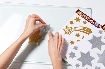 HERMA 44 Christmas Gold Star Stickers for Windows with Glitter Effect, Reusable Xmas Decorations, Large Wall Decals Window Clings for Kids and Children Gold Star Window Stickers Window Stickers
