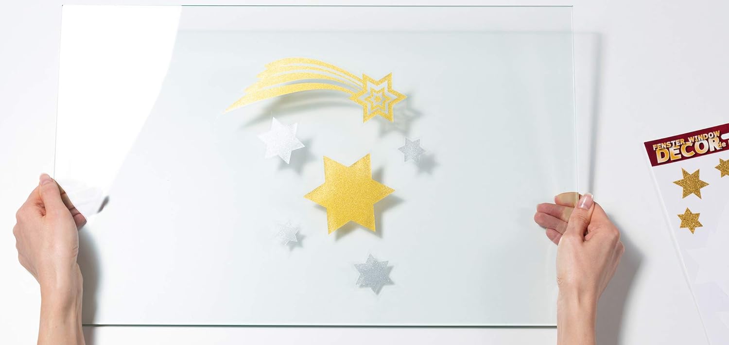HERMA 44 Christmas Gold Star Stickers for Windows with Glitter Effect, Reusable Xmas Decorations, Large Wall Decals Window Clings for Kids and Children Gold Star Window Stickers Window Stickers
