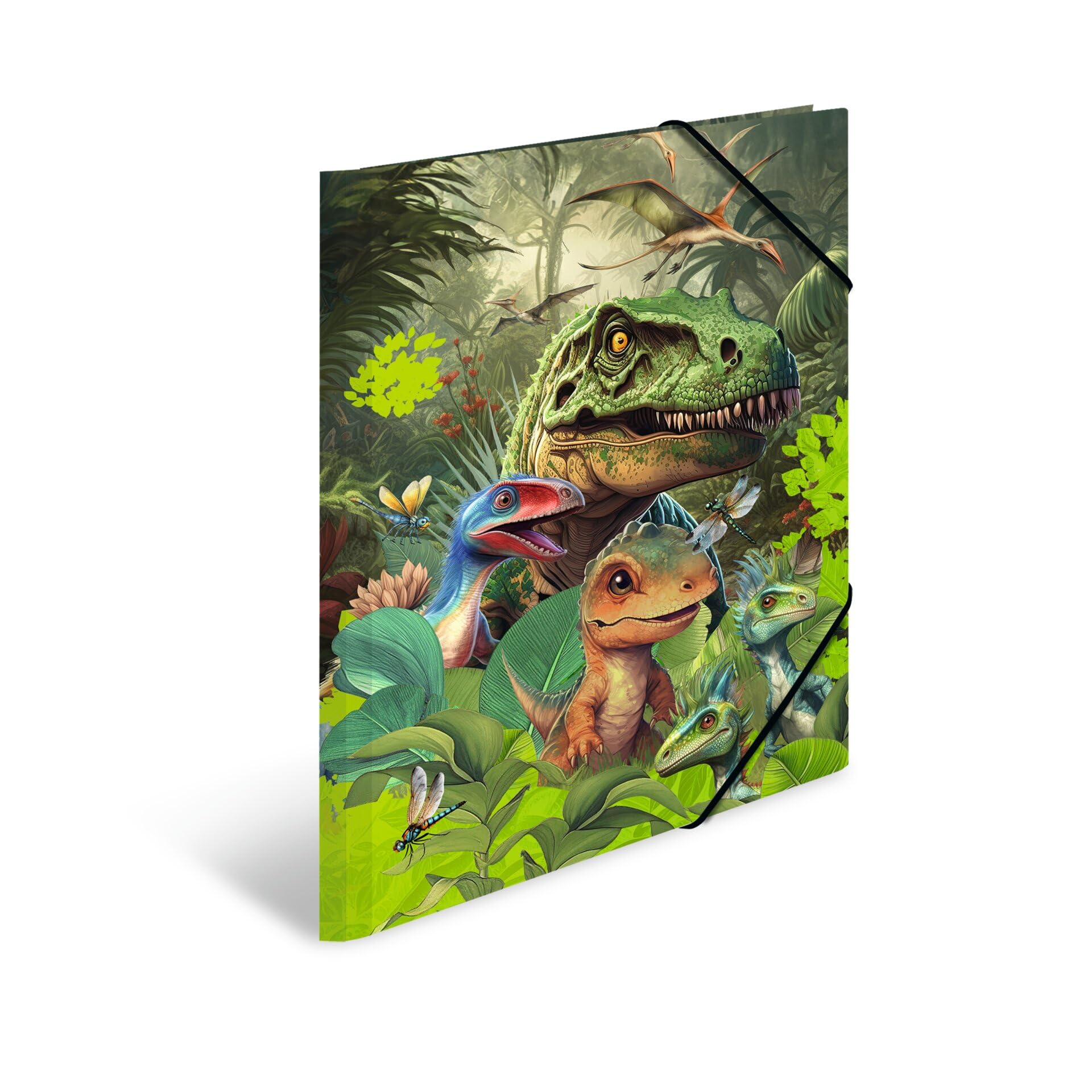 HERMA 19576 Dino World A3 Portfolio Folder, Children's Cardboard Corner Folder with Inner Print and Elastic Band, Sturdy Cardboard Folder, for Boys and Girls Dino World Sammelmappe A3 1 piece