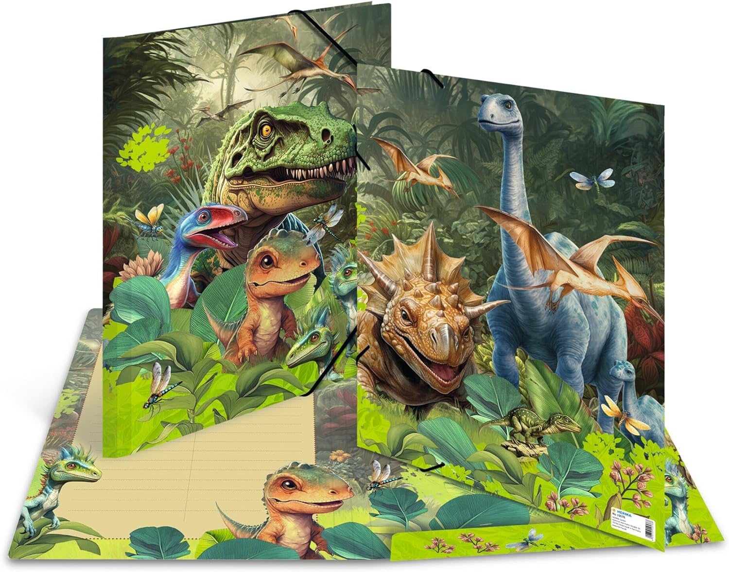 HERMA 19576 Dino World A3 Portfolio Folder, Children's Cardboard Corner Folder with Inner Print and Elastic Band, Sturdy Cardboard Folder, for Boys and Girls Dino World Sammelmappe A3 1 piece