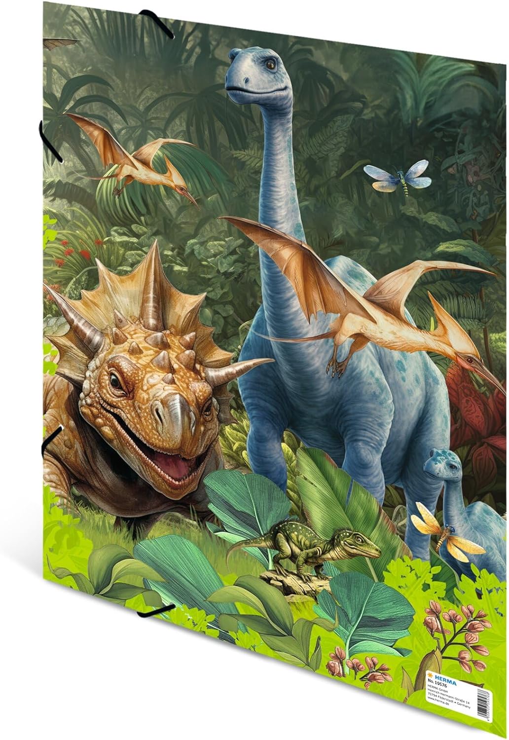 HERMA 19576 Dino World A3 Portfolio Folder, Children's Cardboard Corner Folder with Inner Print and Elastic Band, Sturdy Cardboard Folder, for Boys and Girls Dino World Sammelmappe A3 1 piece