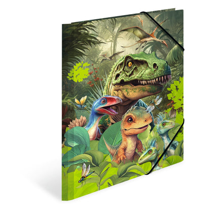 HERMA 19723 Dino World A4 Portfolio Folder, Children's Cardboard Corner Folder with Inner Print and Elastic Band, Sturdy Cardboard Folder, for Boys and Girls Dino World Sammelmappe A4 1 piece