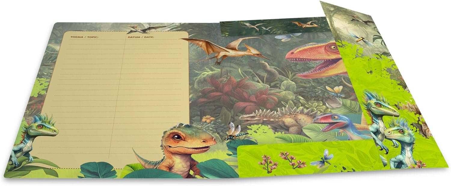 HERMA 19723 Dino World A4 Portfolio Folder, Children's Cardboard Corner Folder with Inner Print and Elastic Band, Sturdy Cardboard Folder, for Boys and Girls Dino World Sammelmappe A4 1 piece