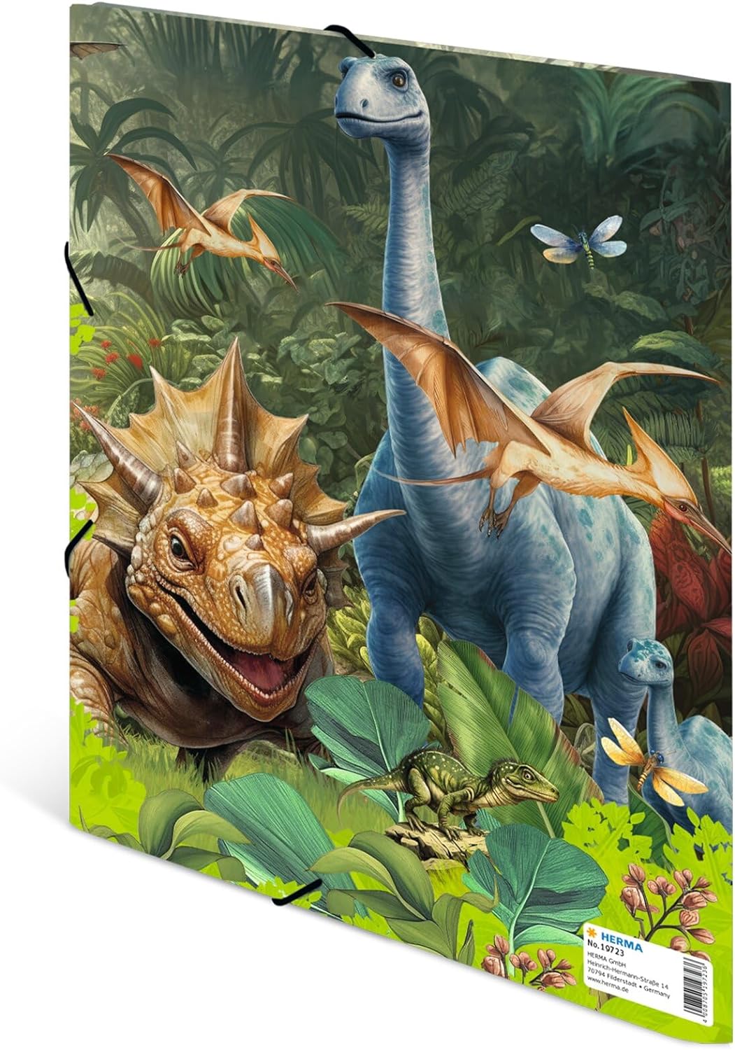 HERMA 19723 Dino World A4 Portfolio Folder, Children's Cardboard Corner Folder with Inner Print and Elastic Band, Sturdy Cardboard Folder, for Boys and Girls Dino World Sammelmappe A4 1 piece