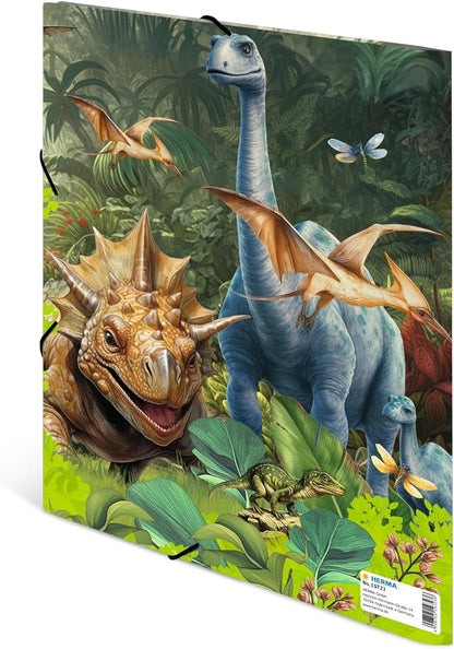 HERMA 19723 Dino World A4 Portfolio Folder, Children's Cardboard Corner Folder with Inner Print and Elastic Band, Sturdy Cardboard Folder, for Boys and Girls Dino World Sammelmappe A4 1 piece