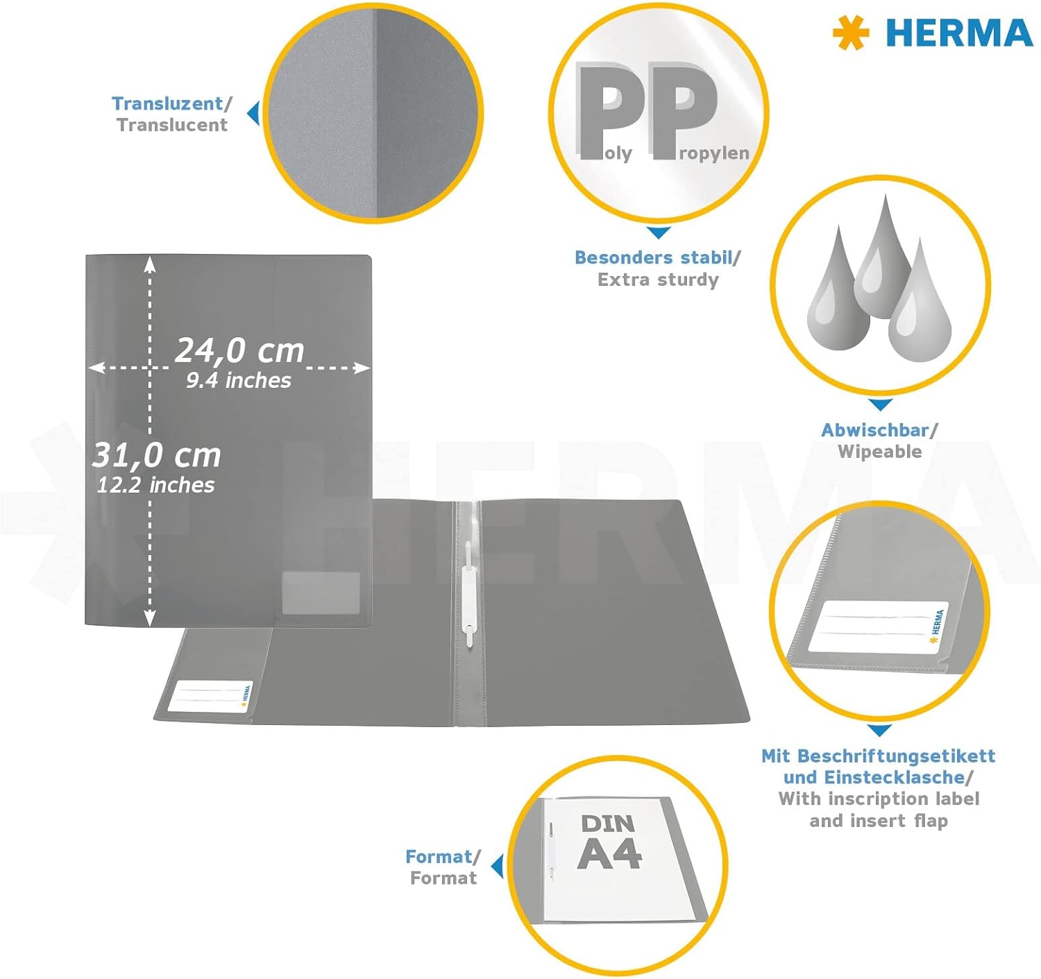 HERMA 19496 File Folder A4 Translucent Brown, Pack of 3, Plastic Folder with Labelling Label, Slip Pocket & Metal Staple Tongue, Sturdy Plastic File Folder Set for School and Office brown DIN A4 Pack of 3