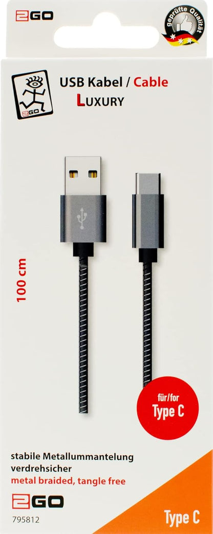2GO USB Charging Cable Luxury 100 cm for USB Type C 3.1 Grey