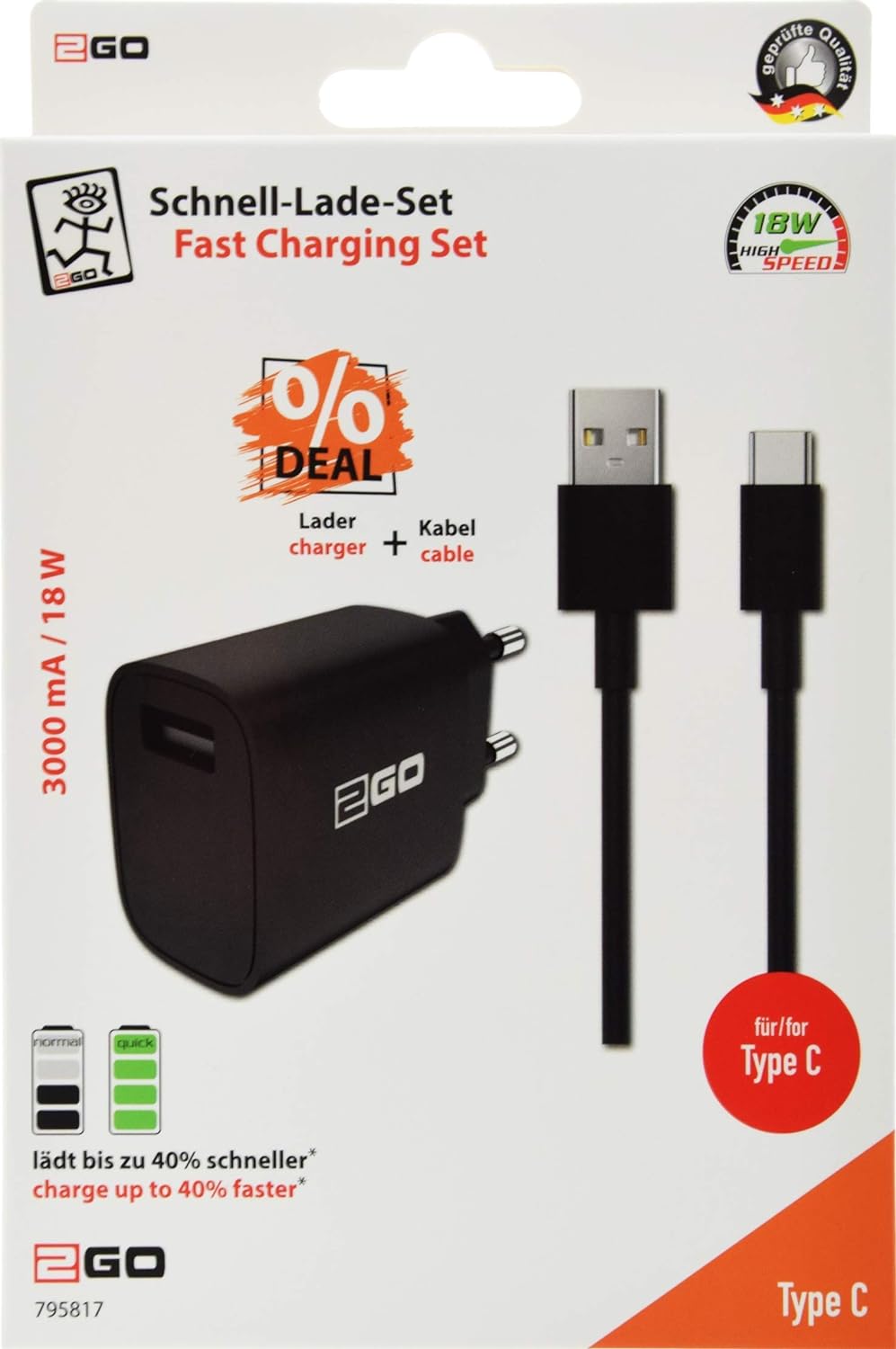 2GO Netz-Ladeset (2-teil.) 1x USB + Type-C 3.1 Kab