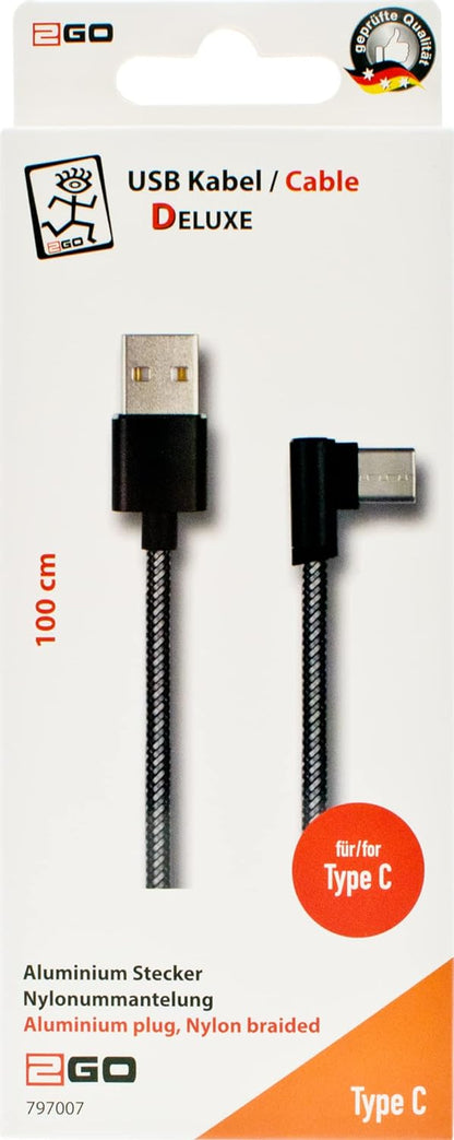 2GO USB Ladekabel Deluxe-schwarz-100cm für USB Type C 3.1