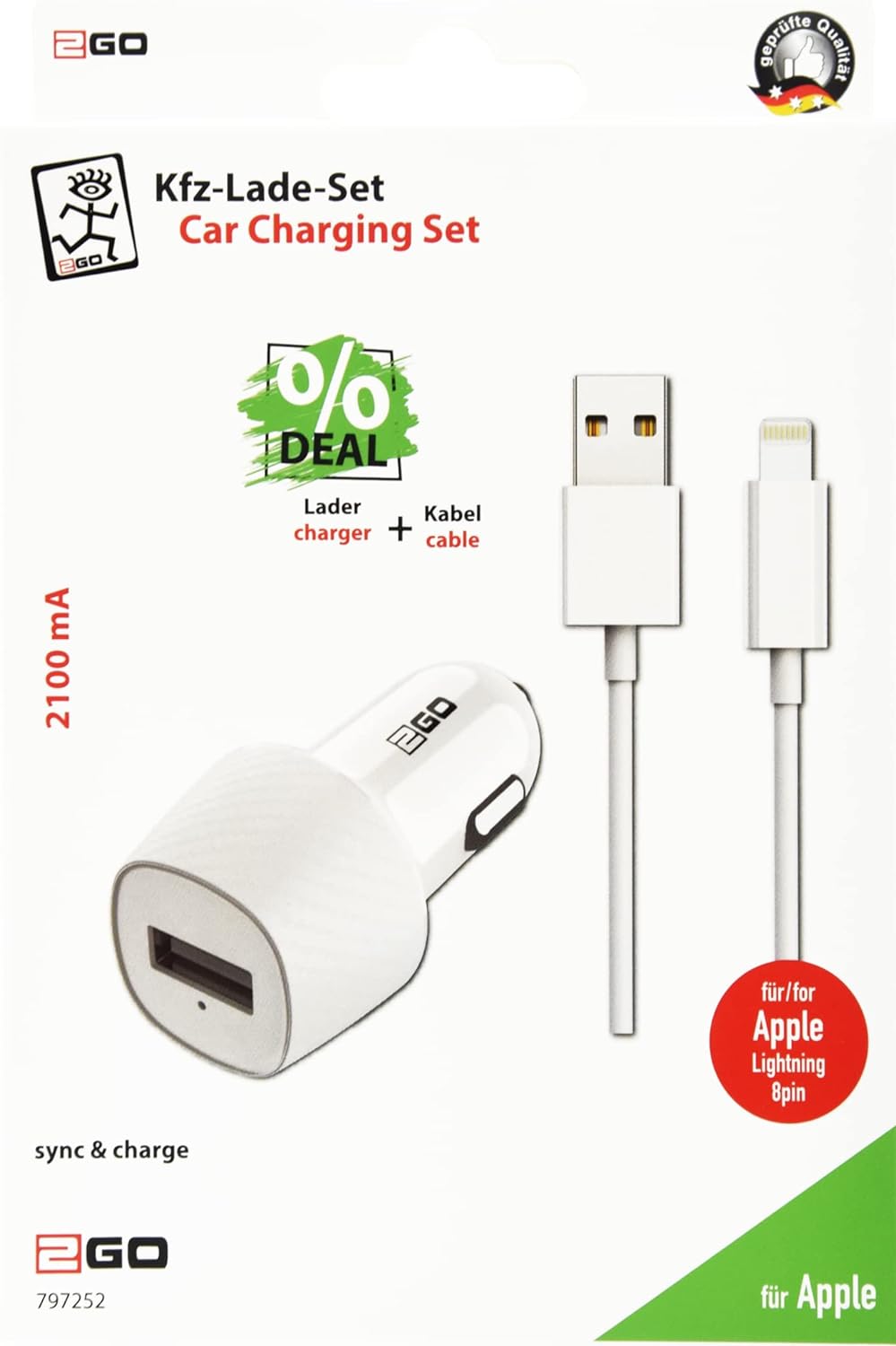 2GO Car Charger Set 2 Pieces USB to Lightning