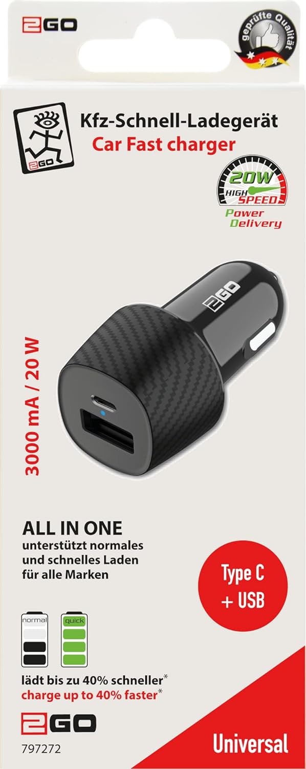 2GO KFZ-Ladegerat 20W 1xUSB-C 1xUSB-A schwarz