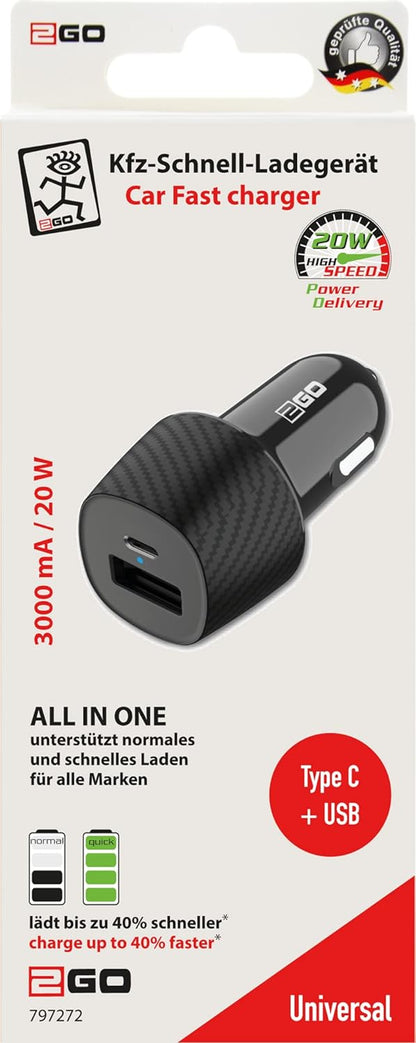 2GO KFZ-Ladegerat 20W 1xUSB-C 1xUSB-A schwarz