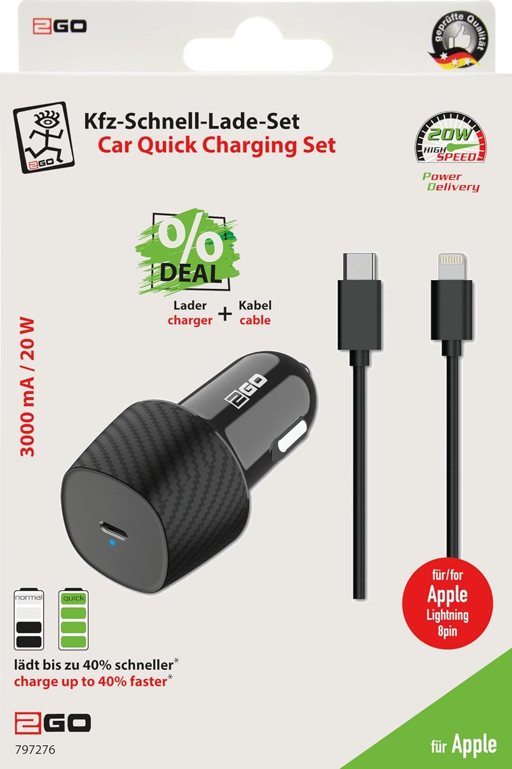 2GO Lightning Power Delivery Mains Charger (2-tl) Black