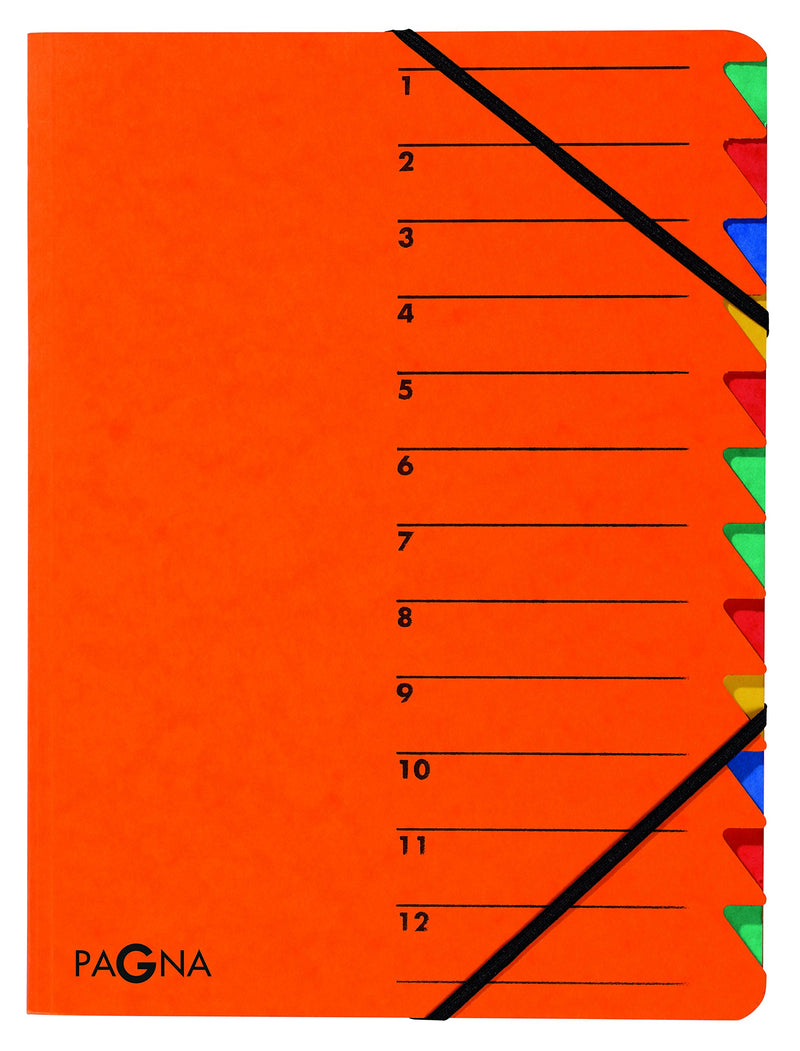 Pagna 24131–12 Easy Folder 12 Divider Tabs with Rubber Corners Coloured Print 1–12 on The Cover Orange a4 Orange 1