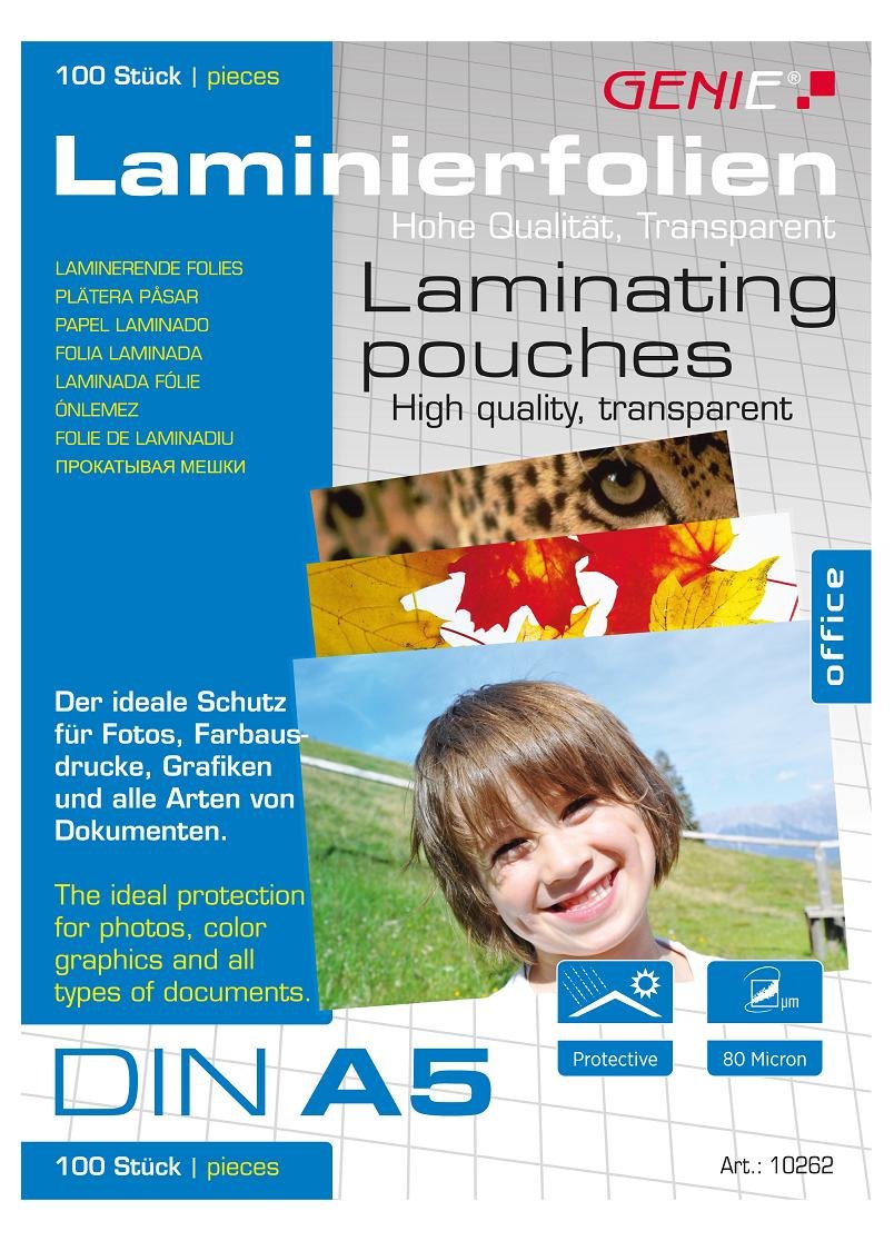 Genie 10262 Pack of 100 Laminating Pouches 80 Microns for Up to A5 Formats, Suitable for All Thermal Laminators DIN A5