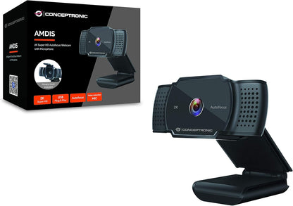 CONCEPTRONIC AMDIS02B - Webcam con messa a fuoco automatica 2K Super HD con microfono