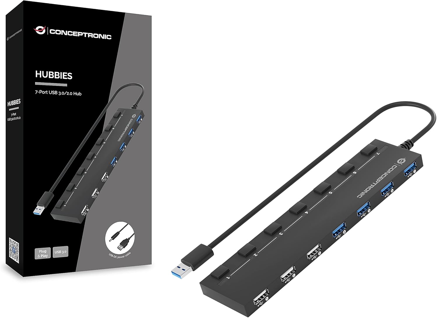 Conceptronic HUBBIES09BP USB Hub 7-Port 4x USB 3.0 3x USB 2.0 Black