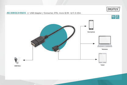 DIGITUS USB Adapter Cable 2-0.15 m - USB Micro B (m) to USB A (f) - 480 Mbps - USB Adapter - Black USB Micro B (m) // USB A (f) 0.15 m
