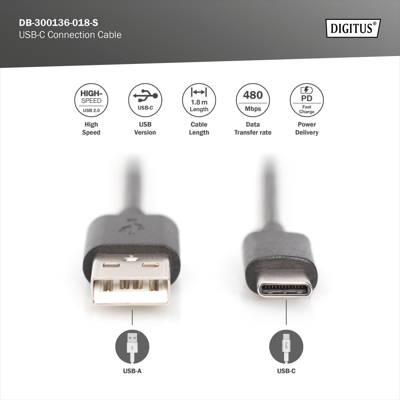 DIGITUS USB connection cable 2-1.8 m - USB A (m) to USB C (m) - 480 Mbit/s - connection cable - blister - Black USB A (m) // USB C (m)