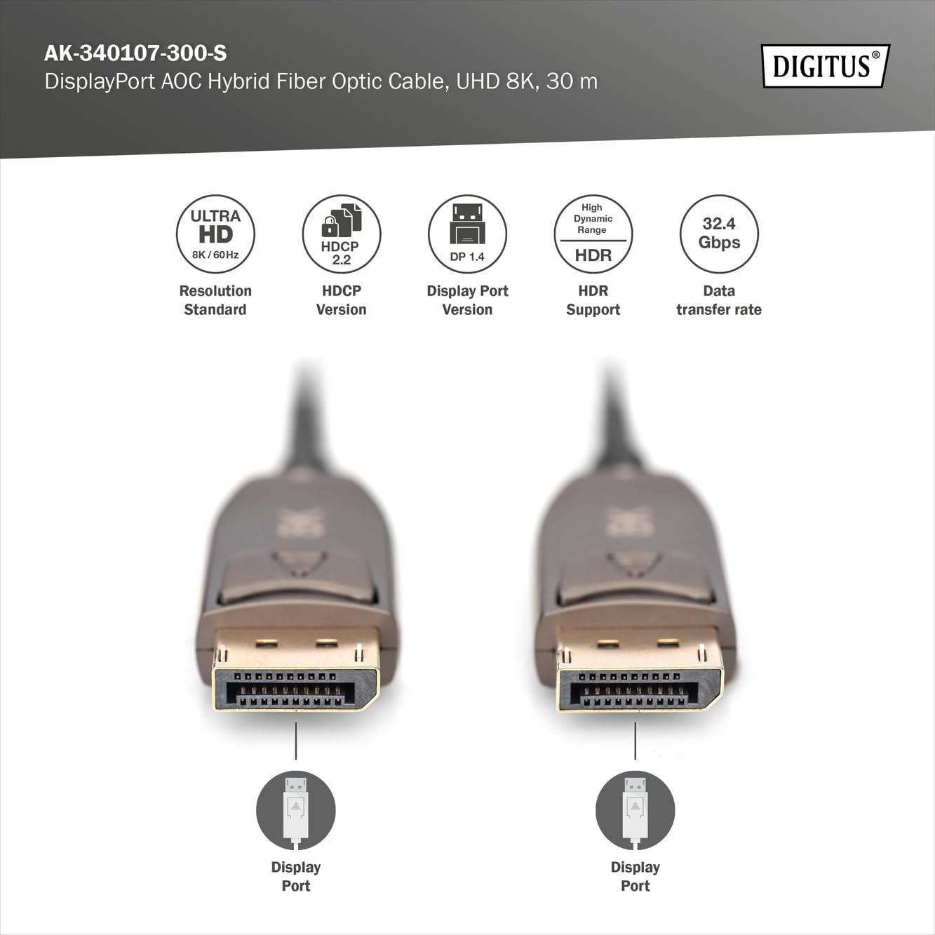 Digitus DisplayPort AOC Hybrid fibre optic cable - Displayport 1.4-8k/60Hz - UHD-II - gold plated contacts - 30m - black