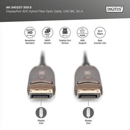 Digitus DisplayPort AOC Hybrid fibre optic cable - Displayport 1.4-8k/60Hz - UHD-II - gold plated contacts - 30m - black