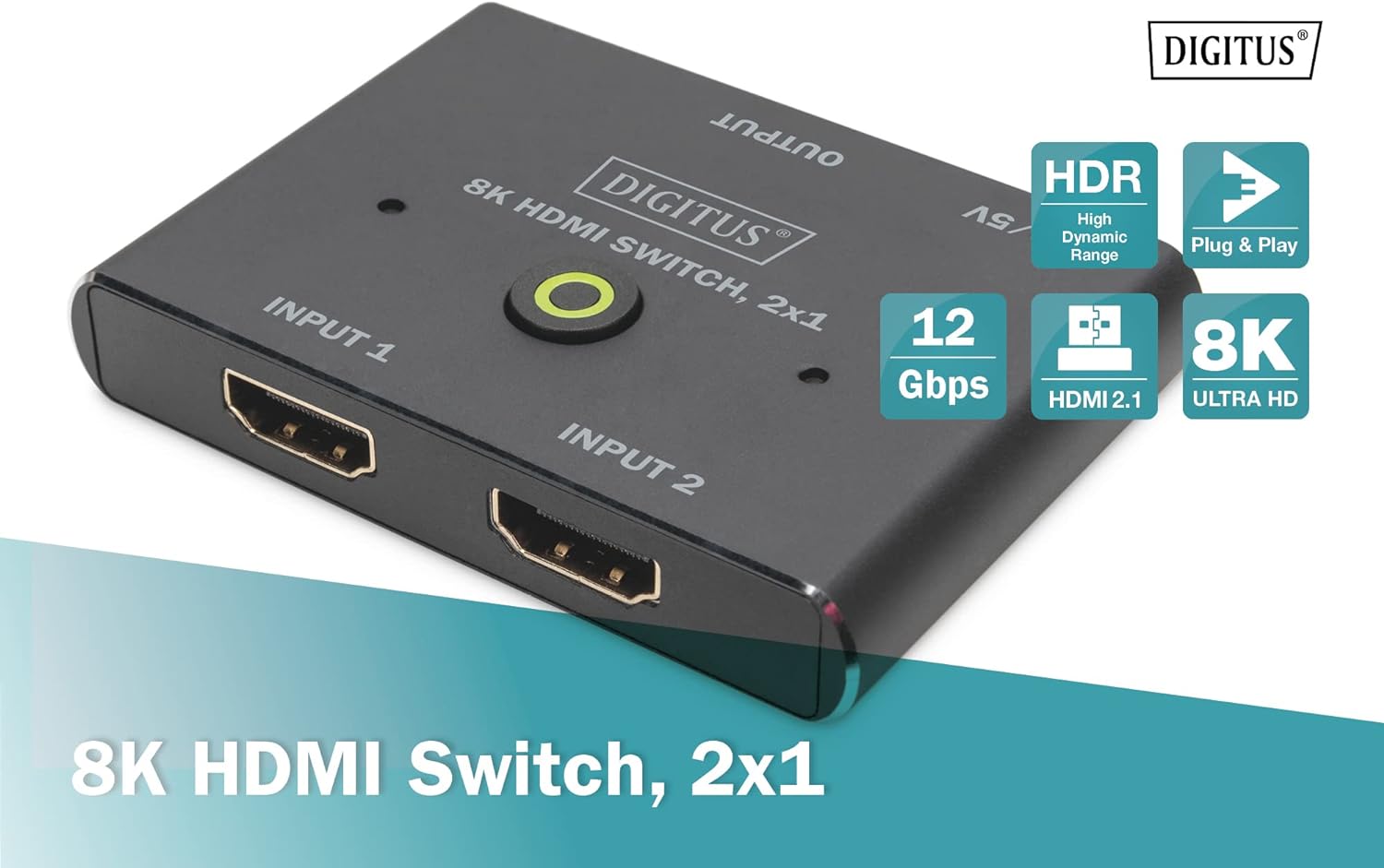 DIGITUS 8K 60Hz HDMI Switch, 1x HDMI Output, 1x Micro USB Output, LED Display