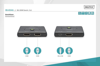 DIGITUS 8K 60Hz HDMI Switch, 1x HDMI Output, 1x Micro USB Output, LED Display
