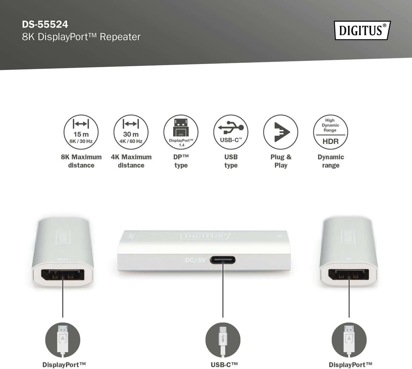 DIGITUS DisplayPort Repeater, 8K 30Hz, 4K 120Hz/60Hz, 30m Signal Extension
