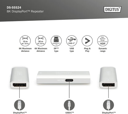 DIGITUS DisplayPort Repeater, 8K 30Hz, 4K 120Hz/60Hz, 30m Signal Extension