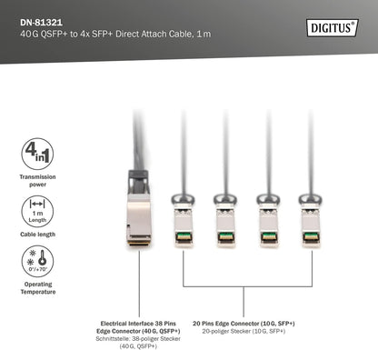 Digitus Universal 40 Gbit/s QSFP+ to 4x SFP+ 10 Gbit/s DAC Breakout Cable - 1 m - 10 Gbit/s per channel - Network Cable - Direct Attach Cable - Direct Attach Copper