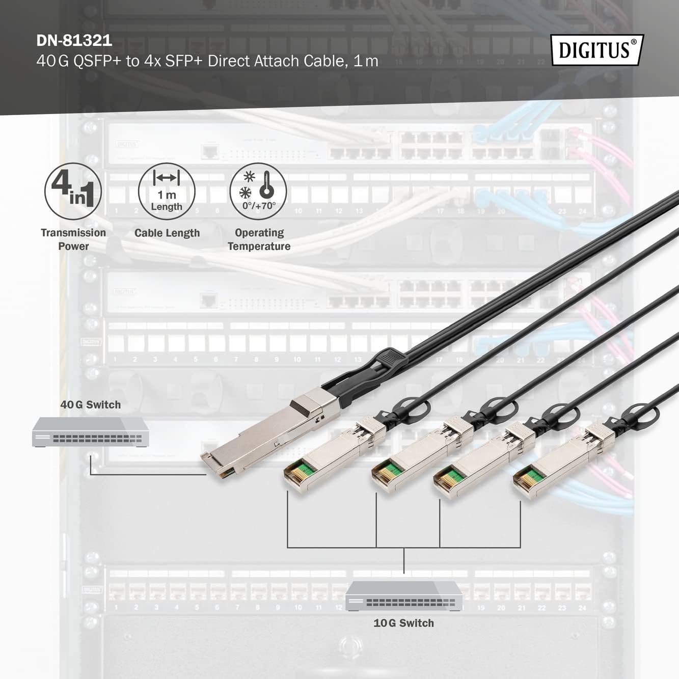Digitus Universal 40 Gbit/s QSFP+ to 4x SFP+ 10 Gbit/s DAC Breakout Cable - 1 m - 10 Gbit/s per channel - Network Cable - Direct Attach Cable - Direct Attach Copper