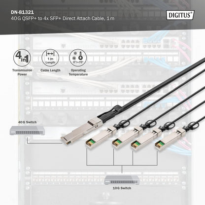Digitus Universal 40 Gbit/s QSFP+ to 4x SFP+ 10 Gbit/s DAC Breakout Cable - 1 m - 10 Gbit/s per channel - Network Cable - Direct Attach Cable - Direct Attach Copper
