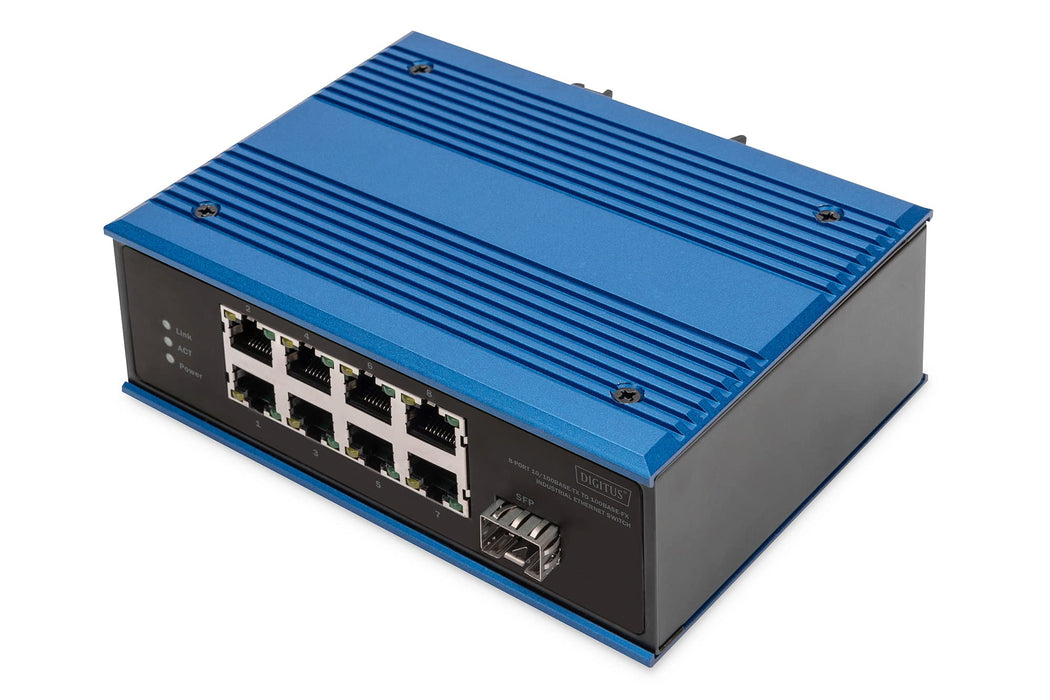 DIGITUS Network Switch - 8-Port Fast Ethernet - 1 SFP-Uplink - DIN-Rail Mounting - Terminal Block - Fanless - Black/Blue