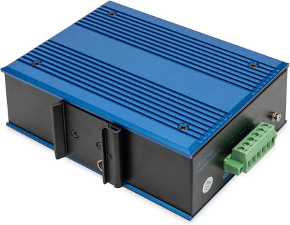 DIGITUS Network Switch - 8-Port Fast Ethernet - 1 SFP-Uplink - DIN-Rail Mounting - Terminal Block - Fanless - Black/Blue