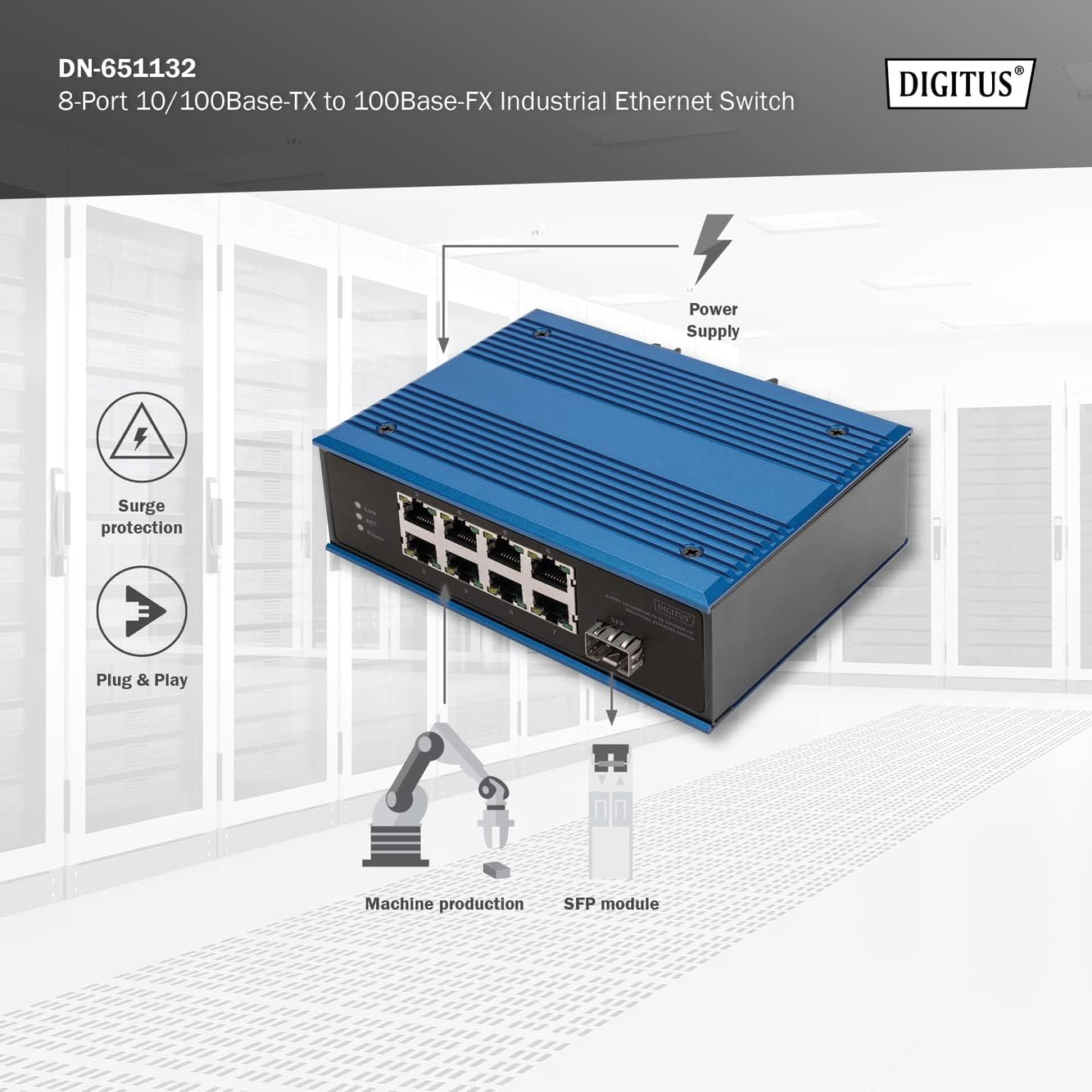 DIGITUS Network Switch - 8-Port Fast Ethernet - 1 SFP-Uplink - DIN-Rail Mounting - Terminal Block - Fanless - Black/Blue