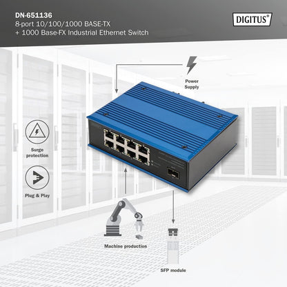 DIGITUS Network Switch - 8-Port Gigabit Ethernet - 1 SFP Uplinks - DIN-Rail Mounting - Terminal Block - Fanless - Black/Blue