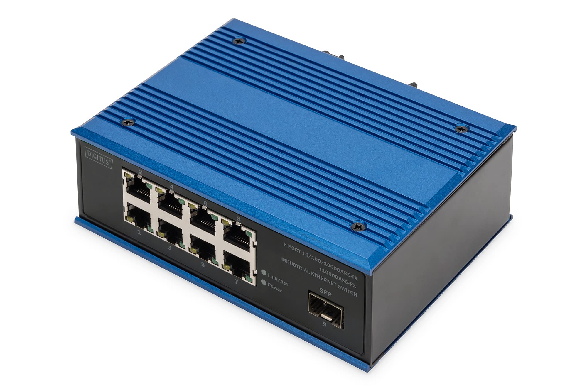 DIGITUS Network Switch - 8-Port Gigabit Ethernet - 1 SFP Uplinks - DIN-Rail Mounting - Terminal Block - Fanless - Black/Blue