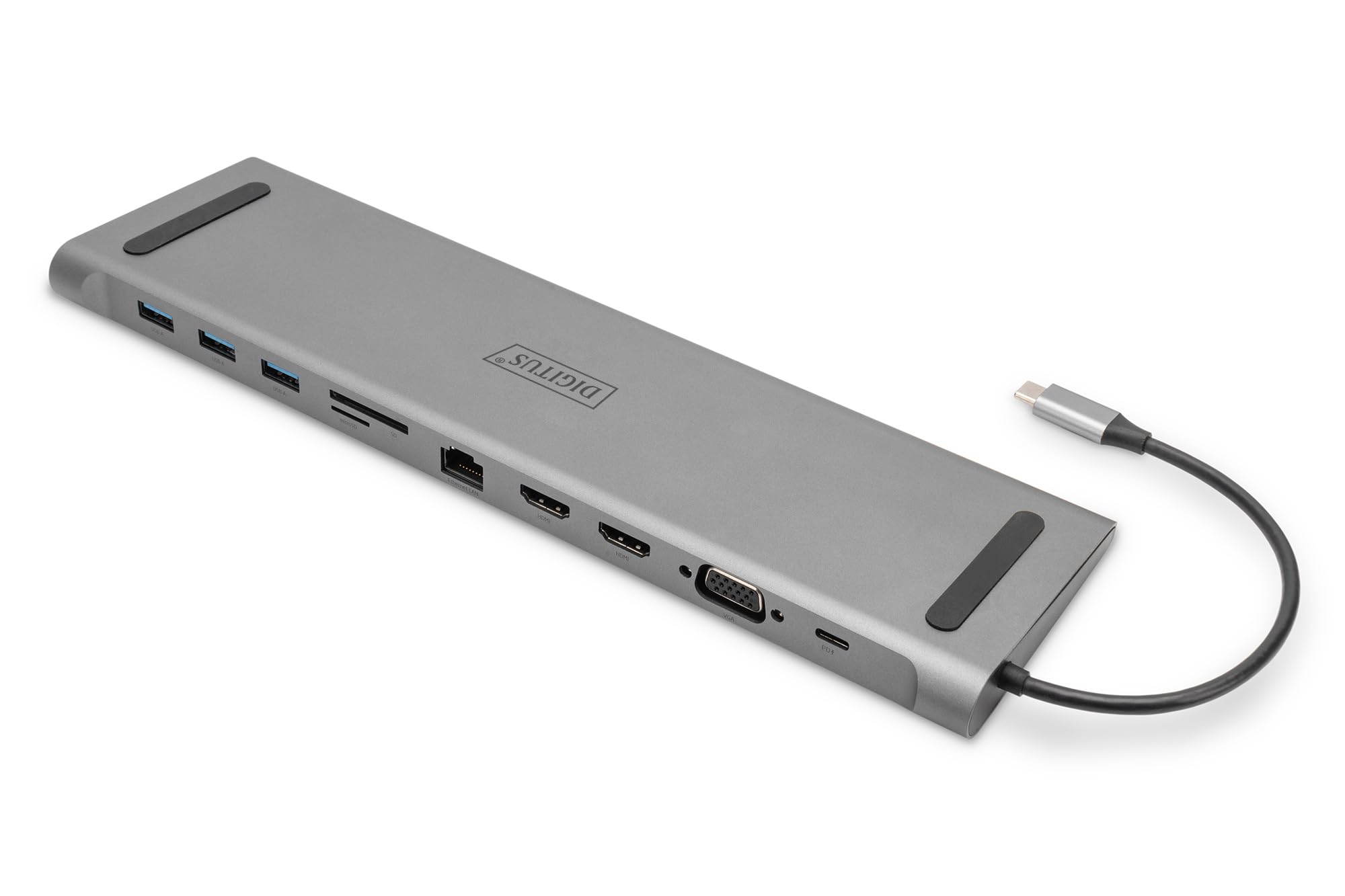 DIGITUS USB-C Laptop Docking Station - 11 Ports - 2X HDMI, 1x VGA - Ultra HD 4k30Hz - 3X USB 3.0, 1x USB Type-C - RJ45 LAN, Audio Jack, Card Reader - Silver