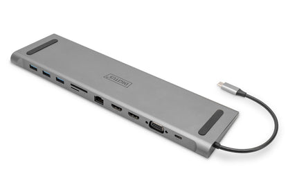DIGITUS USB-C Laptop Docking Station - 11 Ports - 2X HDMI, 1x VGA - Ultra HD 4k30Hz - 3X USB 3.0, 1x USB Type-C - RJ45 LAN, Audio Jack, Card Reader - Silver