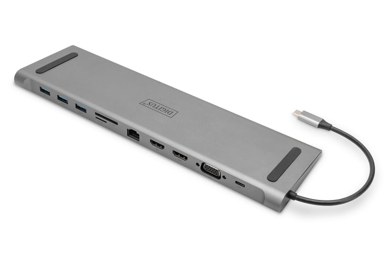 DIGITUS USB-C Laptop Docking Station - 11 Ports - 2X HDMI, 1x VGA - Ultra HD 4k30Hz - 3X USB 3.0, 1x USB Type-C - RJ45 LAN, Audio Jack, Card Reader - Silver