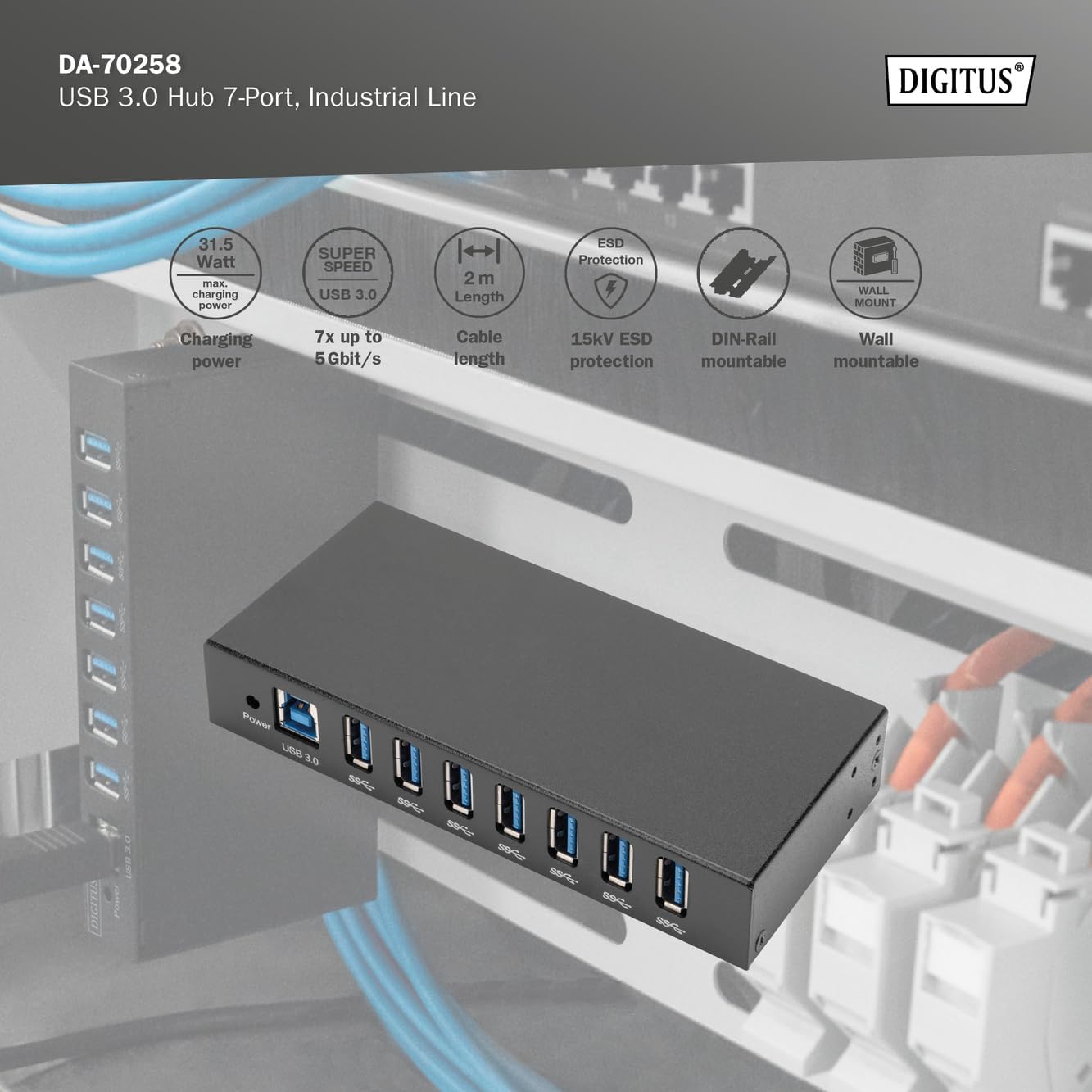 DIGITUS Industrial 7-Port USB Hub - 7X USB-A - USB 3.0-5Gbps - USB SuperSpeed - 15kV ESD Protection - DIN Rail Mounting - Black USB 3.0 - 7 ports - metal housing 5 Gbit/s