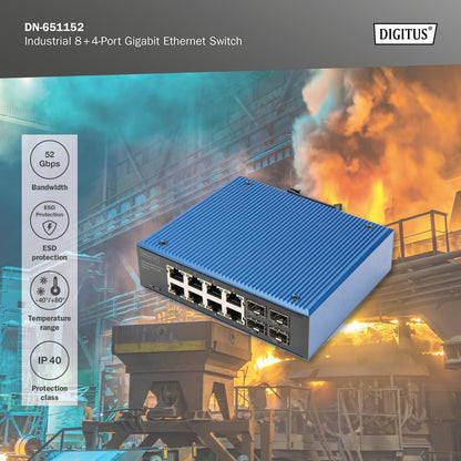 DIGITUS industrial 12 port Gigabit Ethernet network switch - 8x RJ45 + 4x SFP uplink - IP40 protection class - DIN rail mounting - 10/100/1000 Mbps - Plug & Play
