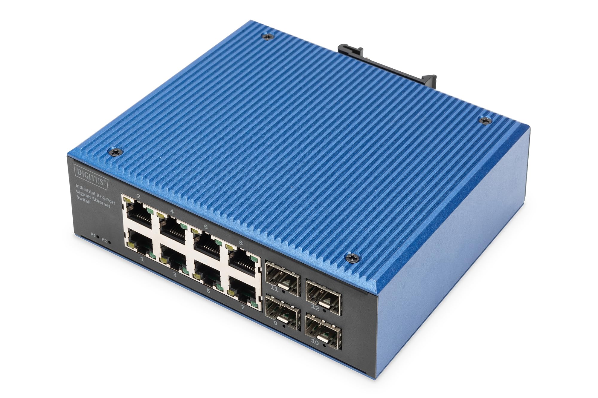 DIGITUS industrial 12 port Gigabit Ethernet network switch - 8x RJ45 + 4x SFP uplink - IP40 protection class - DIN rail mounting - 10/100/1000 Mbps - Plug & Play