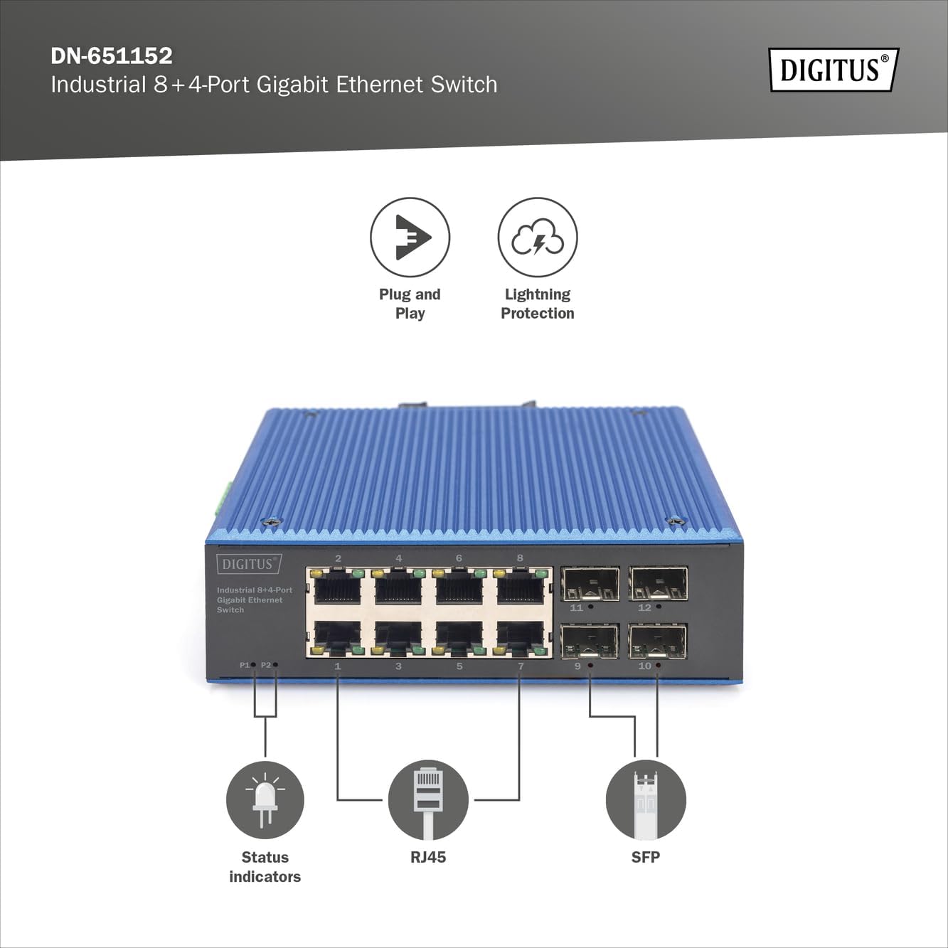 DIGITUS industrial 12 port Gigabit Ethernet network switch - 8x RJ45 + 4x SFP uplink - IP40 protection class - DIN rail mounting - 10/100/1000 Mbps - Plug & Play