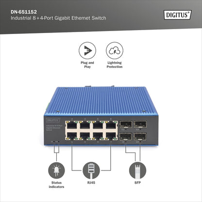 DIGITUS industrial 12 port Gigabit Ethernet network switch - 8x RJ45 + 4x SFP uplink - IP40 protection class - DIN rail mounting - 10/100/1000 Mbps - Plug & Play