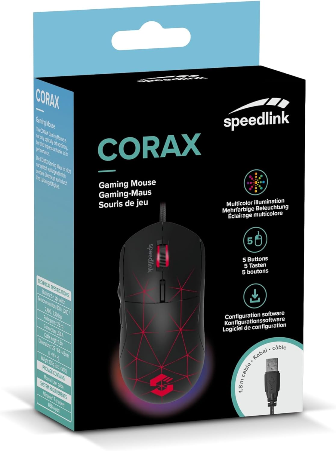 Speedlink CORAX Gaming Mouse with cable, multi-colour LED lighting, USB connection, 5 programmable buttons PC mouse wired, DPI switch up to 3,200 dpi, sheathed cable, black