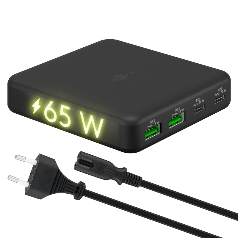 goobay 61772 Multiport 4-Fach USB-C Ladegerät mit 65W Leistung/lädt mehrere Geräte gleichzeitig über die USB-C (Power Delivery) Anschlüsse/Tischladegerät/Netzteil USB-C/USB-Hub/Schwarz