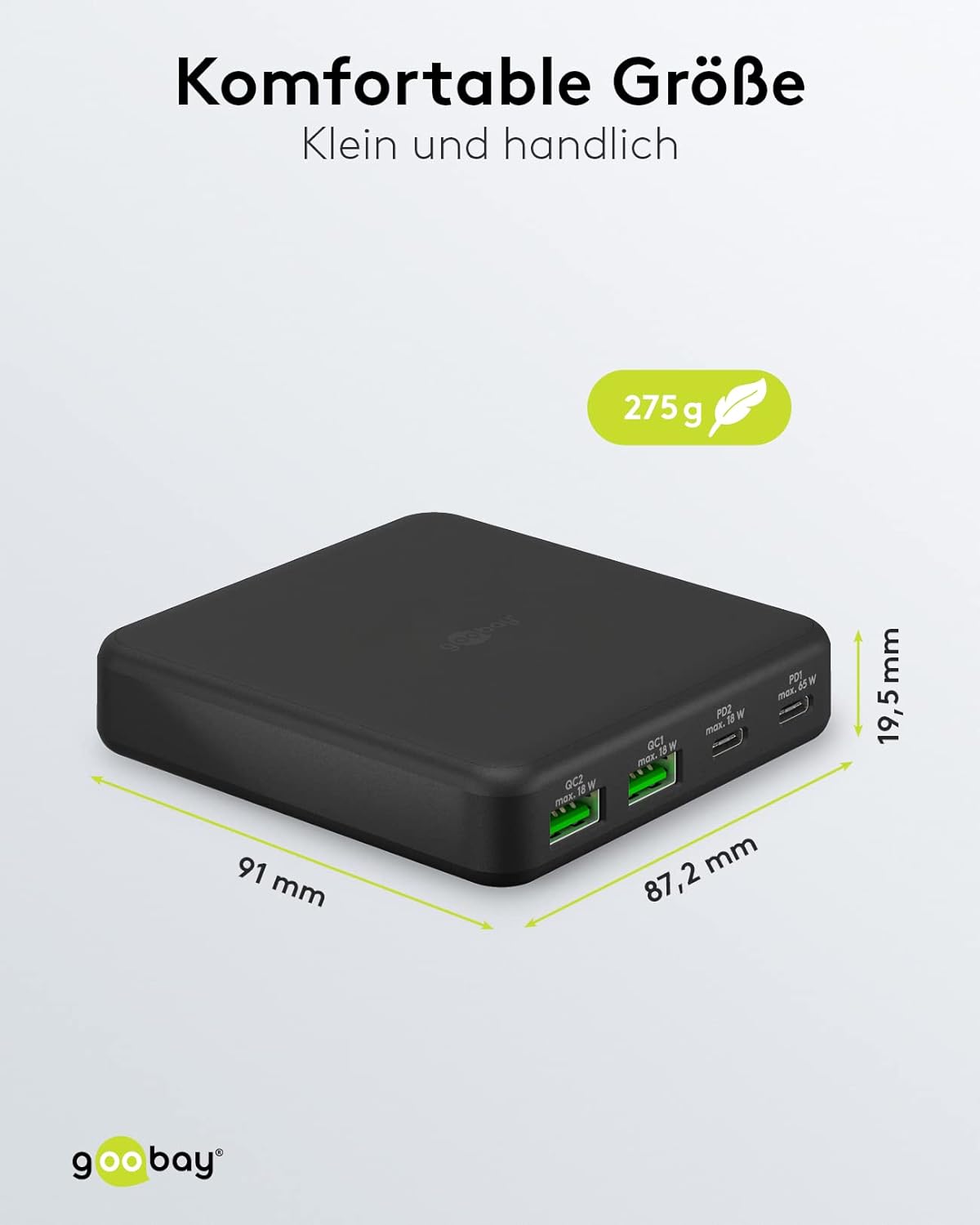 goobay 61772 Multiport 4-Fach USB-C Ladegerät mit 65W Leistung/lädt mehrere Geräte gleichzeitig über die USB-C (Power Delivery) Anschlüsse/Tischladegerät/Netzteil USB-C/USB-Hub/Schwarz